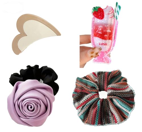 Boho Satin Hair Scrunchies Set with 3D Rose Flower Heart Claw Clip Drink Claw Clip Aesthetic Hair Accessories Set - color: 59