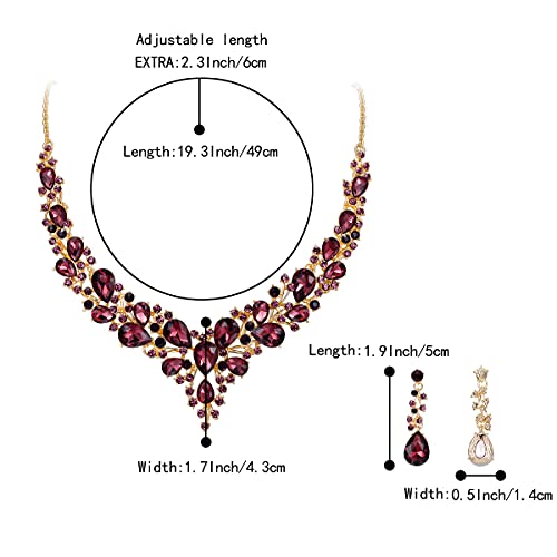 Women's Wedding Statement Necklace Dangle Earring Jewelry | Austrian Crystal Teardrop Cluster,Necklaces Earrings Set for Bride Bridesmaid,Prom Accessories - color: 06-Deep Amethyst Color Gold-Plated-Base
