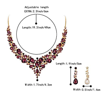 Women's Wedding Statement Necklace Dangle Earring Jewelry | Austrian Crystal Teardrop Cluster,Necklaces Earrings Set for Bride Bridesmaid,Prom Accessories - color: 06-Deep Amethyst Color Gold-Plated-Base