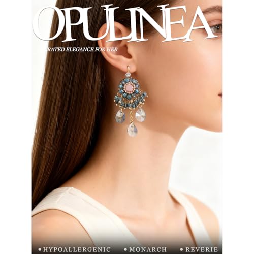 Fringe Dangling Tassel Earrings for Women, Handcrafted Chandelier Long Bohemian Beaded Cubic Zirconia Crystal Imitation Pearls Inlay Statement Boho Chain Hook Earrings for Wedding Party - color: Pink Blue Drop