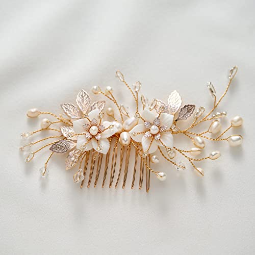 SWEETV Wedding Hair Comb for Bridal Hair Accessories, Handmade Flower Bridal Hair Clip Hair Pieces, Gold, 5.12 *2.75 inches, 1 Count (Pack of 1) | Handmade Wedding Hair Accessories Wedding Hair Pieces for Brides, Wedding Hair Clip Bridal Hair Comb Gold 5.