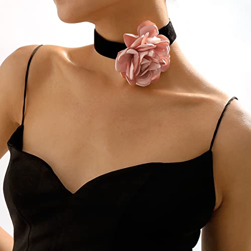 Rose Black Velvet Floral Choker Necklace - Camellia Daisy Rosette - Spring Summer Flower Jewelry - color: Pink