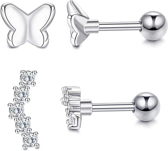 10 Pairs 3mm CZ Stud Earrings Stainless Steel Ball Stud Earrings Barbell Cartilage Flatback Earrings Set for Women Men Helix Piercing Jewelry Silver Gold Rose Gold Black Rainbow - color: Silver Butterfly - 2Pcs