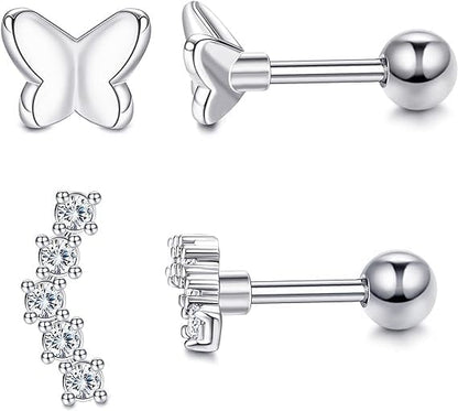 10 Pairs 3mm CZ Stud Earrings Stainless Steel Ball Stud Earrings Barbell Cartilage Flatback Earrings Set for Women Men Helix Piercing Jewelry Silver Gold Rose Gold Black Rainbow - color: Silver Butterfly - 2Pcs