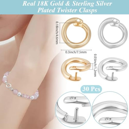 Beebeecraft 1 Box 30Pcs Locking Jump Rings 18K Gold & Sterling Silver Plated OD 7.5mm ID 4.6mm Circle Clasp Ring Connector Open End for Necklace Bracelet Keychain Jewelry Making - color: Gold, Silver
