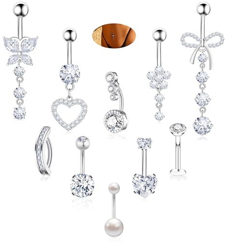 BSJ4U 10 Pcs Gold Plated Silver Belly Button Ring Dangle Hypoallergenic Surgical Stainless Steel Belly Rings for Women CZ Floating Clicker Heart Pearl Bow Flower Butterfly Navel Piercing Jewelry Dangly Navel Ring - color: Silver Belly Button Ring