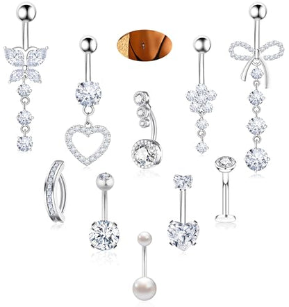 BSJ4U 10 Pcs Gold Plated Silver Belly Button Ring Dangle Hypoallergenic Surgical Stainless Steel Belly Rings for Women CZ Floating Clicker Heart Pearl Bow Flower Butterfly Navel Piercing Jewelry Dangly Navel Ring - color: Silver Belly Button Ring