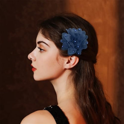 13cm/5in Beaded Mesh Flower Brooch Pin for Women Girls Dainty Round Shell Pearl Ball Beads Camellia Peony Flowers Brooches Lapel Hair Pins Elegant Wedding Anniversary Accessories Jewelry - color: Navy
