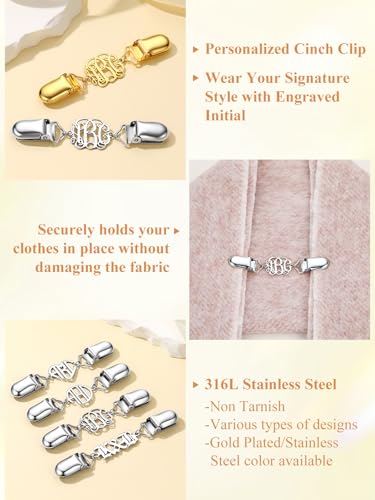 Custom4U Personalized Sweater Clips for Cardigans, Custom Name Initials Cinch Clip, Stainless Steel Dress Clips Back Cinch Shirt Clips for Women Clothing, Shawl Dress Shirts Cincher Small Brooch Jewelry Gifts - color: Steel Color-Monogram