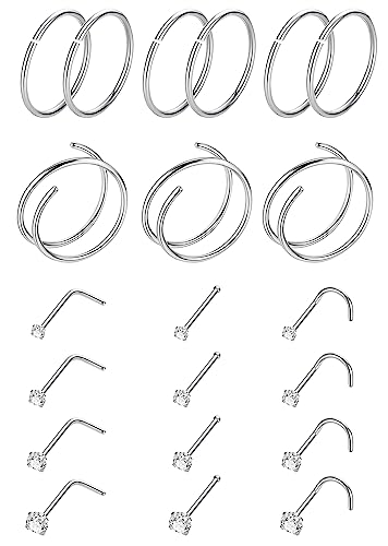 21PCS 18G 20G 22G 316L Stainless Steel Nose Rings Hoop for Women Men Double Nose Ring CZ Nose Stud Piercing Jewelry - color: 22G-Sliver tone