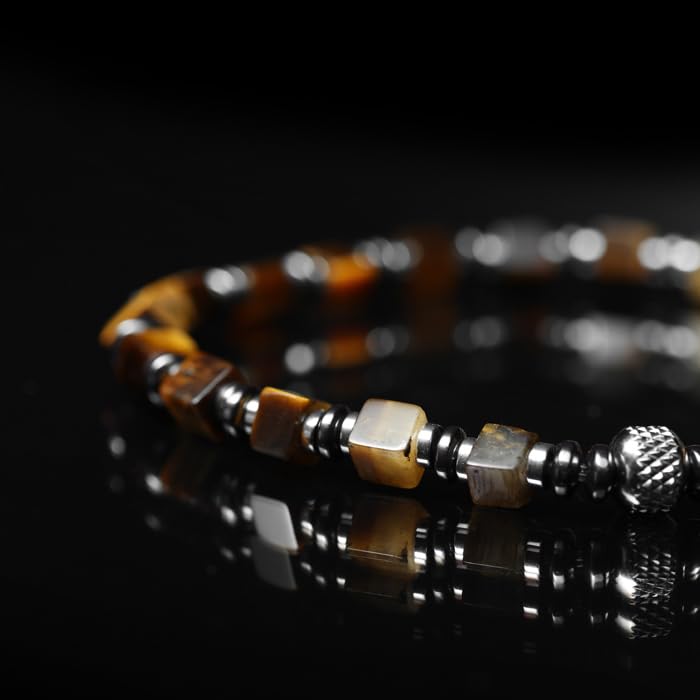 Tigranes Premium Natural Stone Bracelet Collection – Handmade Gemstone Jewelry in Luxury Branded Gift Box - style: Tiger Eye and Hematite