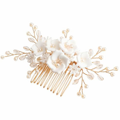 Fancy White Flower Bride Wedding Hair Comb, Handmade Pearl Rhinestone Hair Accessory for Bridal Women (Gold with 5 Flowers) - color: Style 2 (with 5 Flowers)
