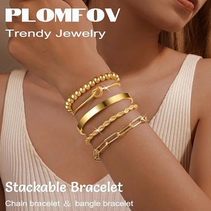 PLOMFOV Gold Bracelets for Women Stack Non Tarnish 14K Gold Plated Chunky Gold Bangles Bracelet Set Beaded Paperclip Chain Cuban Link Dainty Trendy Waterproof Stackable Cuff Bracelets Jewelry Gifts for Women - color: 5Pcs Gold-Bead Set