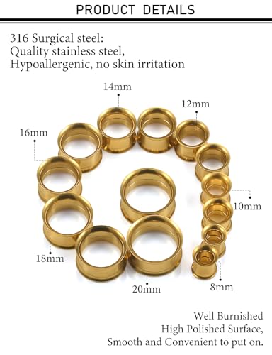 12G-25mm Double Flared Gauges Tunnels Stretching Kit 316L Surgical Steel Ear Gauges Plugs Earring Lobe flesh Tunnel Gauge Stretcher Silver Black Gold Color Tone - color: Gold, size: 0g/00g/12mm14mm/16mm/18mm/20mm