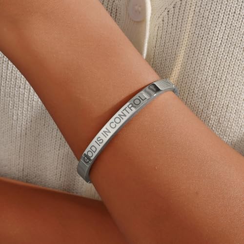 Inspirational Christian Bracelet for Women, Oval Engraved Bible Verse Love Bangle Cuff, Faith Scripture Jewelry, Religious Encouragement Gift for Mom Daughter Sister Friend - color: GOD IS IN CONTROL-Oval Bangle Silver
