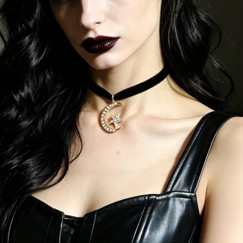 Gothic Moon Star Choker Necklace Black Velvet Choker Necklace Rhinestone Moon Pendant Necklace - color: Black Moon star choker