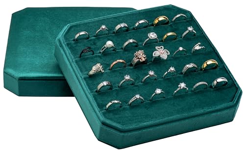 Multiple Velvet Ring Storage Organizer Display Tray Jewelry Box | Earring Holder Case for Wedding Birthday Christmas Day (Green) - color: Green