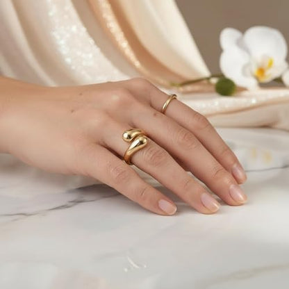 Adjustable Gold Teardrop Ring for Women - 18K Gold Plated Minimalist Open Wrap Water Drop Ring, Bold Chunky Statement Jewelry, Gift for Her