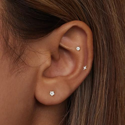 Flat Back Stud Cartilage Earrings Tragus Helix Piercing Jewelry Titanium | Conch Nose Piercing,Small Tiny Studs for Women,Threadless/Internally Threaded,Surgical Steel,Hypoallergenic,16G/18G/20G - color: Silver04-Flower (6mm*1+8mm*1), size: Internally Thr