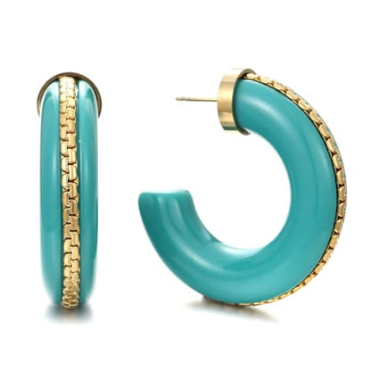 Gold Plated Resin Chunky Hoop Earrings Hypoallergenic Push Back Hoops for Sensitive Ears - color: Turquoise