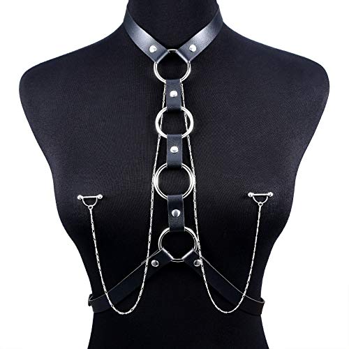Nipple Ring with Choker Necklaces Stainless Steel Nipple Rings Chain Heart Cat Head Punk Chokers for Women Nipple Barbell Piercing Jewelry - color: Black PU Leather Chest Chain