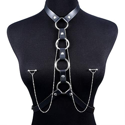 Nipple Ring with Choker Necklaces Stainless Steel Nipple Rings Chain Heart Cat Head Punk Chokers for Women Nipple Barbell Piercing Jewelry - color: Black PU Leather Chest Chain