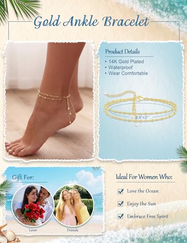 Gold Anklet Set for Women, Layered Beach Anklets | Layered gold-tone ankle bracelets, designed for beach days, vacations, and summer wear - style: Gold Anklet 4