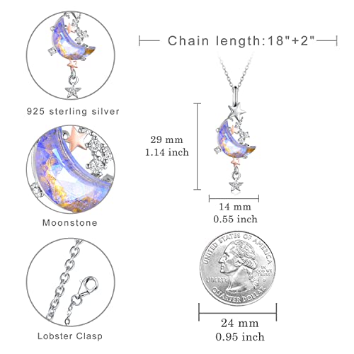 Moonstone Moon Star Necklace for Women 925 Sterling Silver Created Cubic Zirconia Stars Moon Necklaces Anniversary Birthday Jewelry Gift for Women Mom Wife