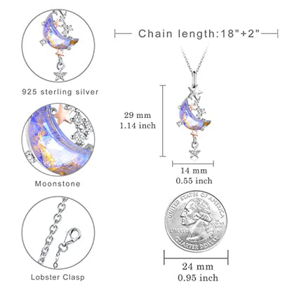 Moonstone Moon Star Necklace for Women 925 Sterling Silver Created Cubic Zirconia Stars Moon Necklaces Anniversary Birthday Jewelry Gift for Women Mom Wife