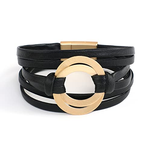 hotoo Circle Charm Bracelets for Women Handmade Leather Wrap Bracelets for Couples Friendship Bracelet Bohemian Cuff Bangle Boho Jewelry Gift - color: Black