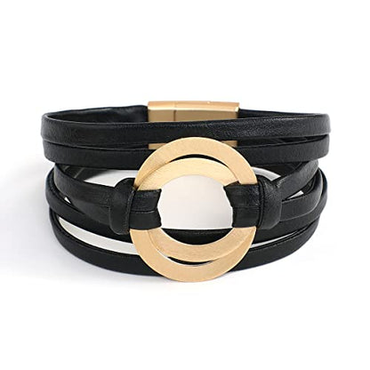 hotoo Circle Charm Bracelets for Women Handmade Leather Wrap Bracelets for Couples Friendship Bracelet Bohemian Cuff Bangle Boho Jewelry Gift - color: Black