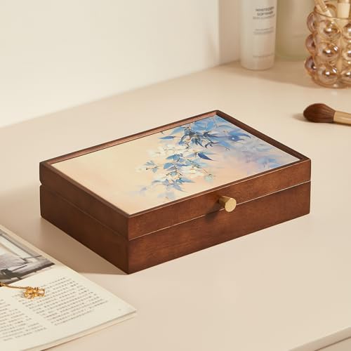 Walnut Wooden Jewelry Box for Women, Magnolia Oil Painting Decor | Small Jewelry Organizer,7 Necklace Hooks, Velvet-Lined, For Watches Rings Earrings Necklace Bracelets, Ideal Gift for Her - style: 1 Layer B