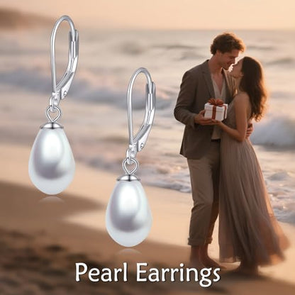 925 Sterling Silver Pearl Leverback Earrings Dangle Drop Jewelry Gifts for Women - style: Teardrop White Pearl