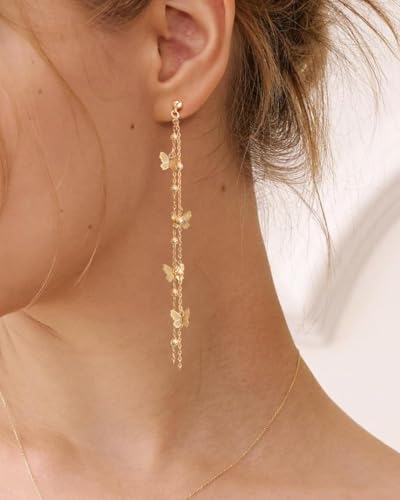 Dangle Earrings for Women - 14K Gold/White Gold/Rose Gold Plated Butterfly Heart Star Hoop Chain Long Tassel Cubic Zirconia CZ Dangle Earrings - color: Butterfly