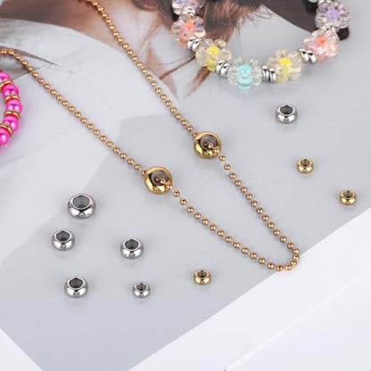 30Pcs Stainless Steel Stopper Beads for Charm Bracelets, Adjustable Slider Beads Spacer Beads Metal Loose Beads Gold and Silver 6/8/10mm with Insert Rubber Locating Rings for DIY Jewelry Making - color: Gold + Silver