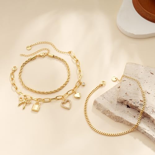 3PCS Charm Gold Bracelets for Women Non Tarnish,14k Plated Gold Bracelet Stack Cute Dainty Stackable Trendy Bow Cross Clover Bracelets Set Tarnish Free Gold Jewelry for Women Gifts - color: Lock-Gold