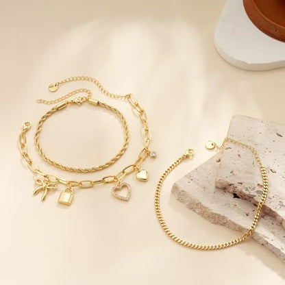 3PCS Charm Gold Bracelets for Women Non Tarnish,14k Plated Gold Bracelet Stack Cute Dainty Stackable Trendy Bow Cross Clover Bracelets Set Tarnish Free Gold Jewelry for Women Gifts - color: Lock-Gold