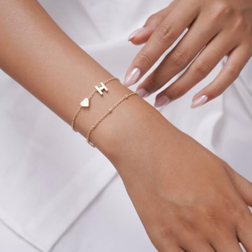 Gold Initial Bracelets for Women Trendy, Dainty Layered 14K Gold Plated Heart Letter Charm Bracelets, letter beads for name bracelets Jewelry Gifts - color: Gold-H