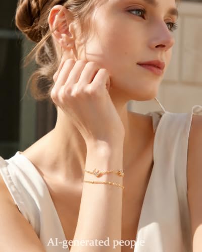 16K Gold Plated Bracelets Set for Women - Dainty Layered Adjustable Hand Chain Bracelet with Cubic Zirconia, Cute Jewelry Gift for Her, Waterproof Hypoallergenic - color: Moon and Star
