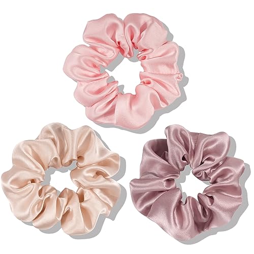 OLESILK 100% Mulberry Silk-Scrunchies for Hair Sleep, Women Grils Silk Hair Ties for Frizz & Breakage Curly Hair, No Damage, Elastics Ponytail Holder, 3 Pack - color: 3pcs, Pink-Light Plum-Co Co