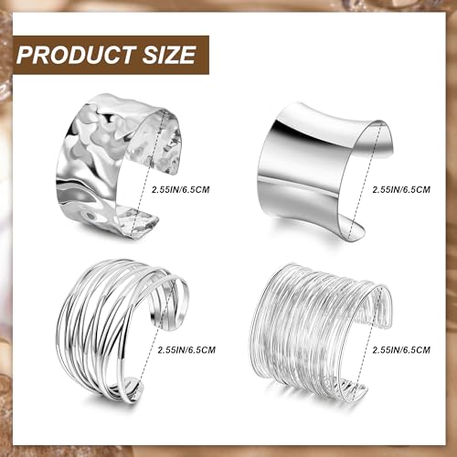 4Pcs Chunky Gold Cuff Bracelects for Women Gold Bangles Irregular Minimalist Statement Bangle Bracelets Set Open Wide Bangle Upper Arm Cuff Jewelry - color: Silver-A