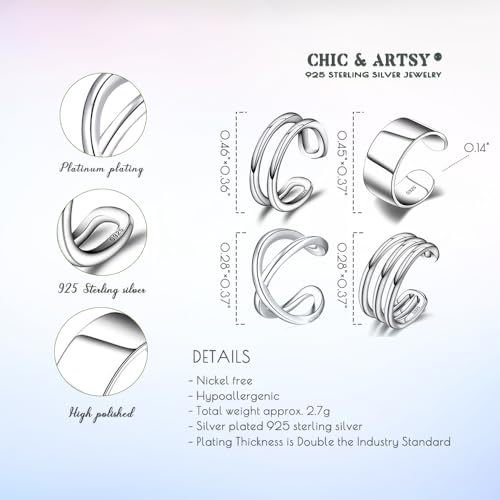 CHIC & ARTSY Sterling Silver Ear Cuff Set - Hypoallergenic, Simple, Adjustable No Piercing Clip on Earrings - color: #4 silver