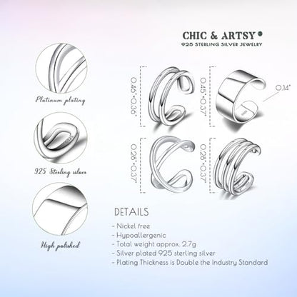 CHIC & ARTSY Sterling Silver Ear Cuff Set - Hypoallergenic, Simple, Adjustable No Piercing Clip on Earrings - color: #4 silver