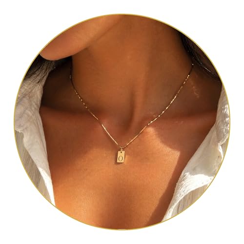 Initial Necklace in 18K Gold Plated, Personalized Engraved Letter Pendant, Gold Snake Chain, 6×10 mm Rectangle Charm for Women - color: O