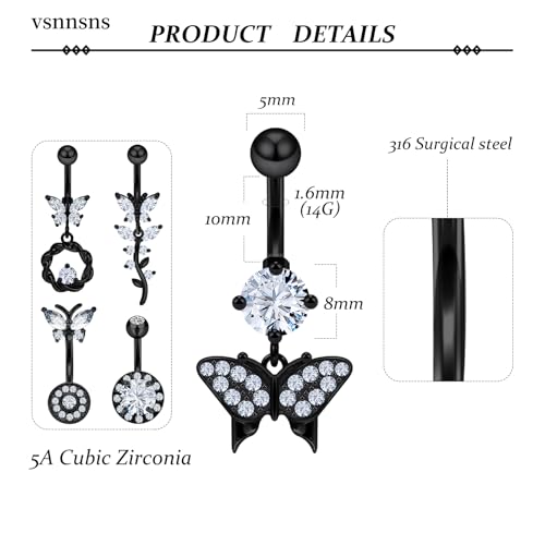 Vsnnsns 14G Belly Button Ring Piercing Jewelry 316L Stainless Surgical Steel Heart CZ Pearl Butterfly Flower Navel Rings Dangle Belly Button Ring Navel Piercing Jewelry for Women Men Hypoallergenic - color: Black-Clear CZ