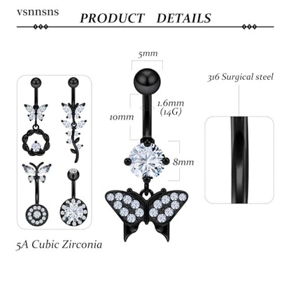 Vsnnsns 14G Belly Button Ring Piercing Jewelry 316L Stainless Surgical Steel Heart CZ Pearl Butterfly Flower Navel Rings Dangle Belly Button Ring Navel Piercing Jewelry for Women Men Hypoallergenic - color: Black-Clear CZ