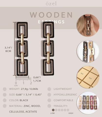 Ozel - Natural Wooden Acrylic Boho Drop Dangle Earrings for Women - Geometric Statement Jewellery - Brown, Black, Magent Red, Olive Green, White beige - color: 3Square_Black