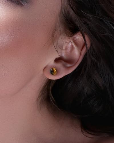 Tiger Eye Stone Stud Earrings Brown Ball Earrings 14K Gold Plated 6mm Round Gemstone Earrings for Women Tiger Eye Jewelry for Gift