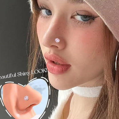 9PCS 20g Stainless Steel 316L Nose Studs Set | Hypoallergenic L-Shaped Screw & Bone Nose Rings, Round Heart Star Pink Cubic Zirconia Nose Piercing Jewelry for Women Men - style: studs001