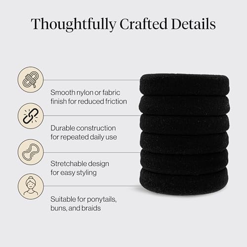 Kitsch Elastic Hair Ties No Damage | Stretchable Hair Bands - Black, 6pcs | Strong All-Day Hold Hair, Rubber Bands For Hair, Ponytail Holders | Hair Accessories for Everyday Use - color: Black Thick (Pack of 6)